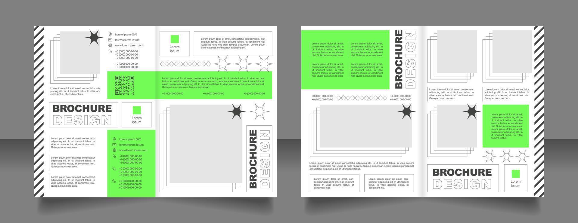 design de modelo de folheto bifold verde brilhante da empresa com informações de contato. panfletos com código qr. maquete de livreto meia dobra com espaço de cópia para texto. folhetos editáveis de 2 páginas de papel vetor