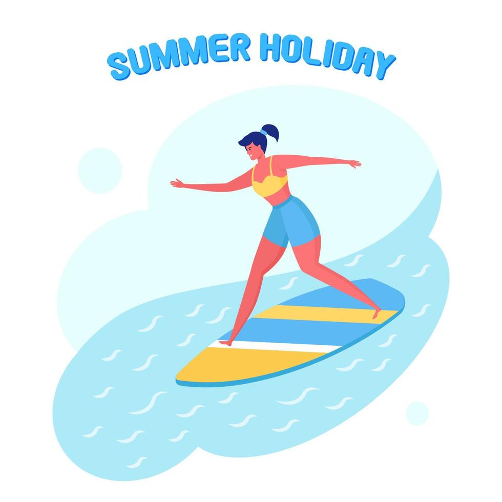 mulher em trajes de banho surfando no mar, oceano. garota feliz em moda praia com prancha de surf isolada no fundo branco. surfista engraçado. férias de verão, férias, esportes radicais. vetor