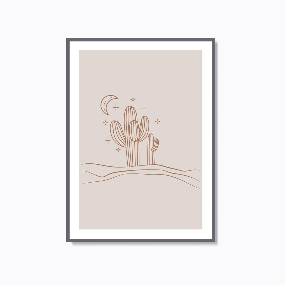 boho moderno linear deserto cacto e lua vintage cartaz de arte de parede retrô vetor