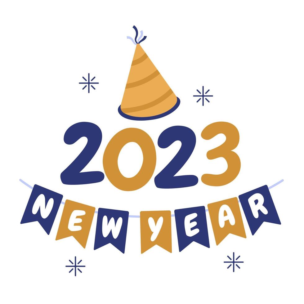 feliz ano novo 2023 texto com chapéu de festa e ilustração em vetor de parede de fita de decoração