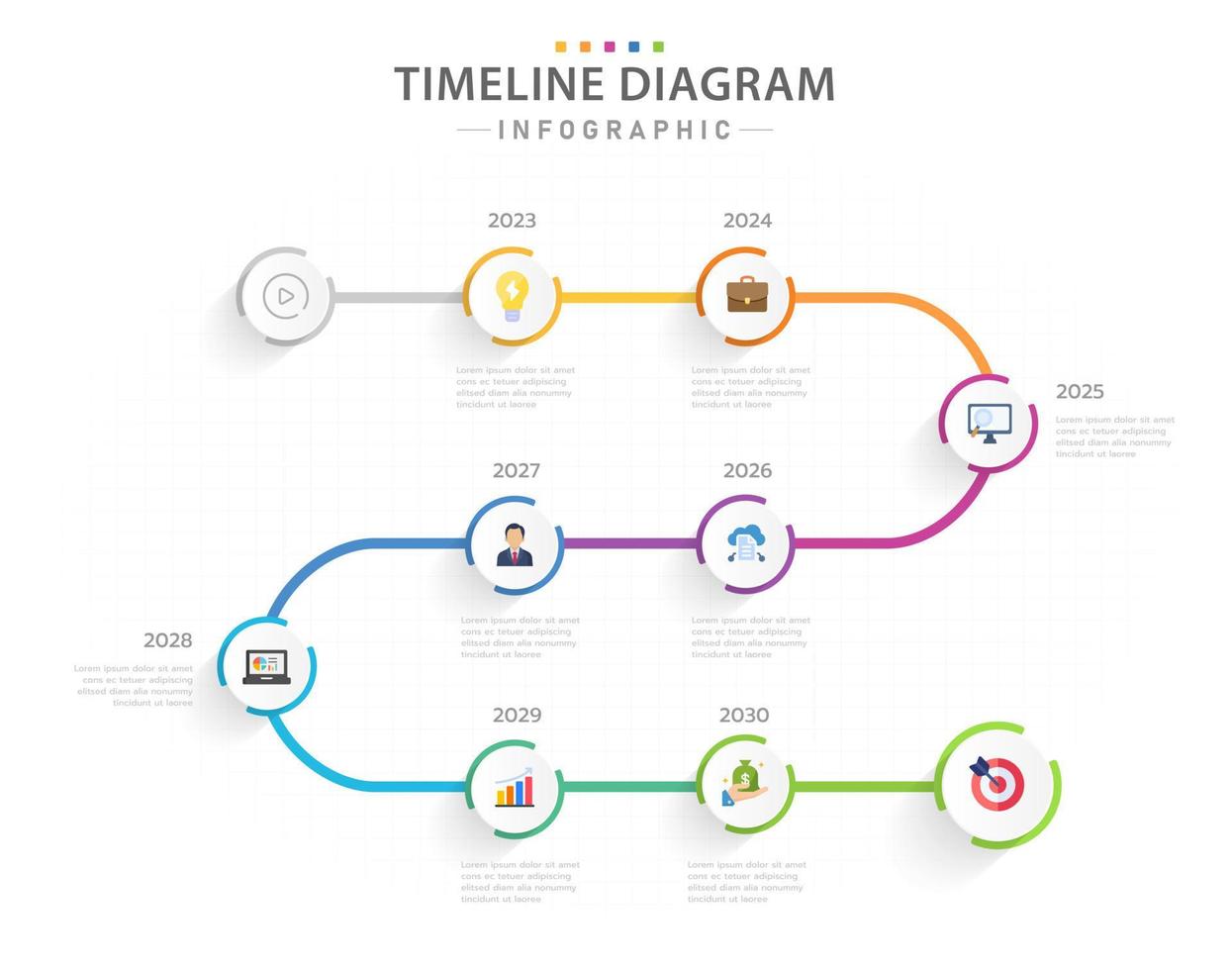 modelo de infográfico para negócios. Diagrama de linha do tempo moderno de 8 etapas com tópicos anuais, infográfico de vetor de apresentação.