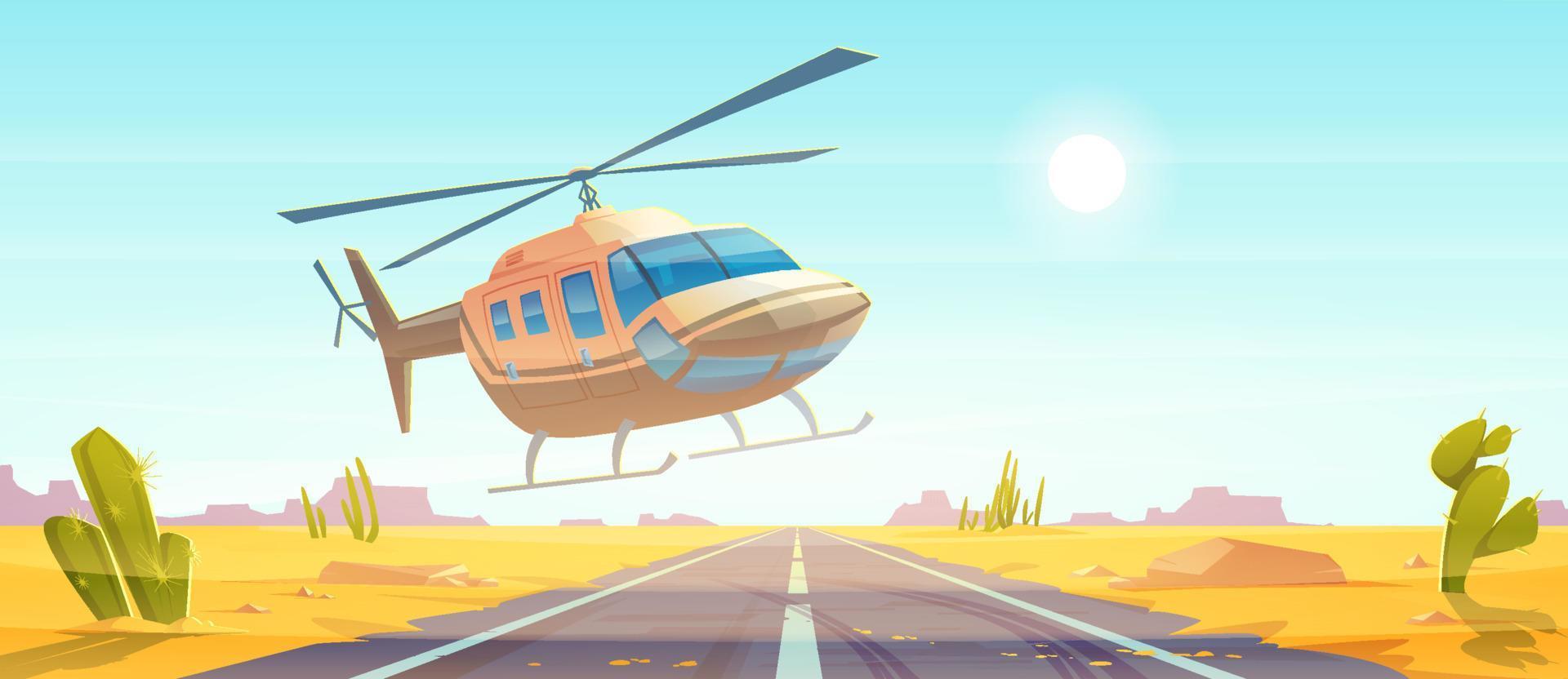 helicóptero pousando na estrada vazia na natureza do deserto vetor