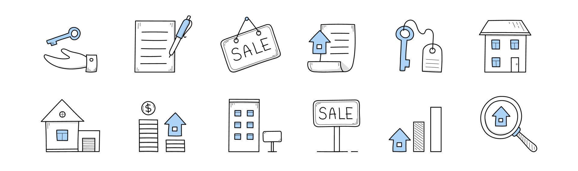 venda de imóveis, aluguel de casa e ícones de hipoteca vetor
