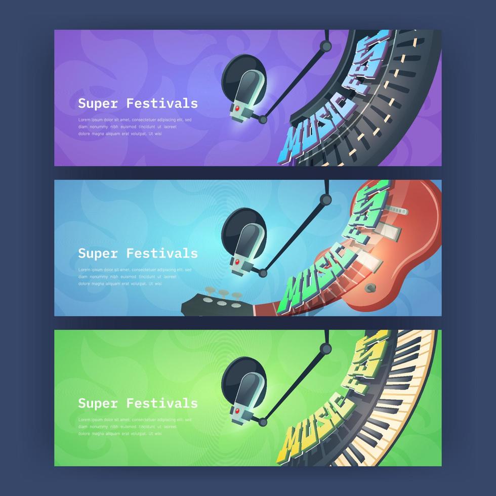 cartazes de super festival com instrumentos musicais vetor