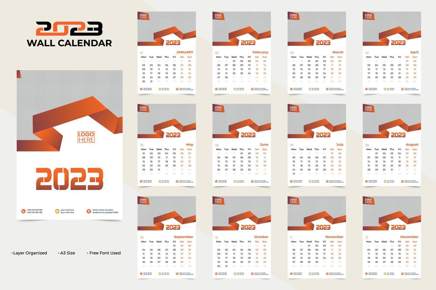 design de calendário de parede abstrato e elegante para feliz ano novo 2023 vetor