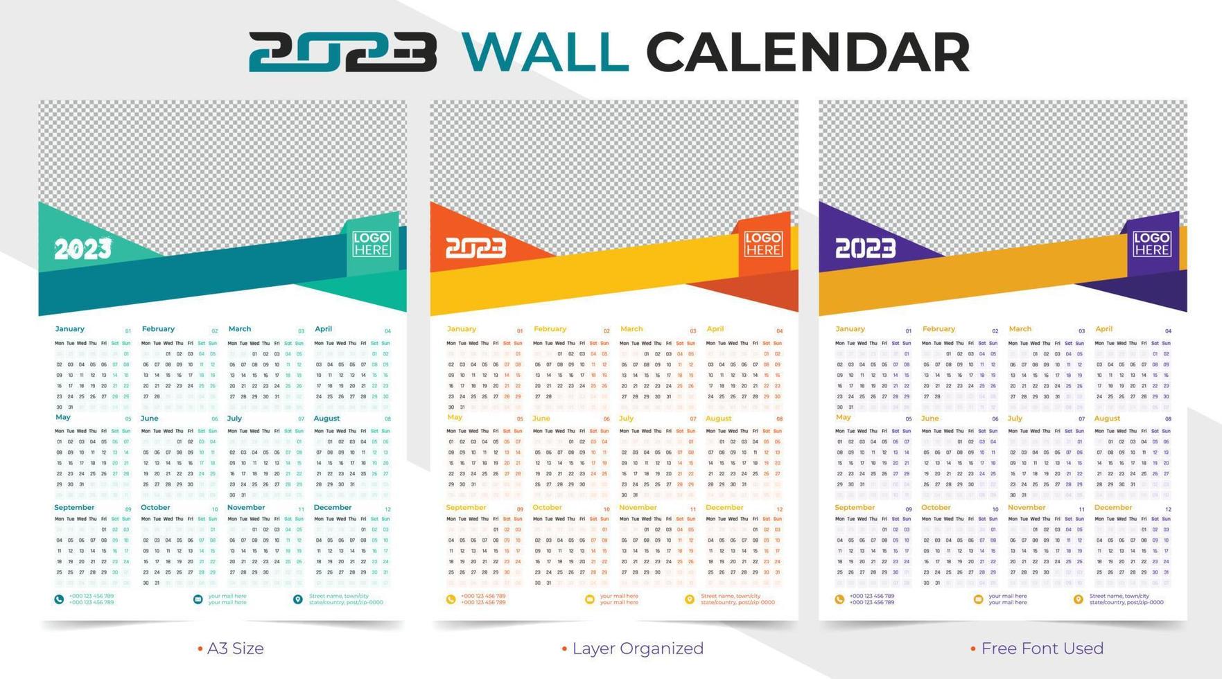 design de modelo de calendário de uma página de feliz ano novo criativo e simples 2023 vetor
