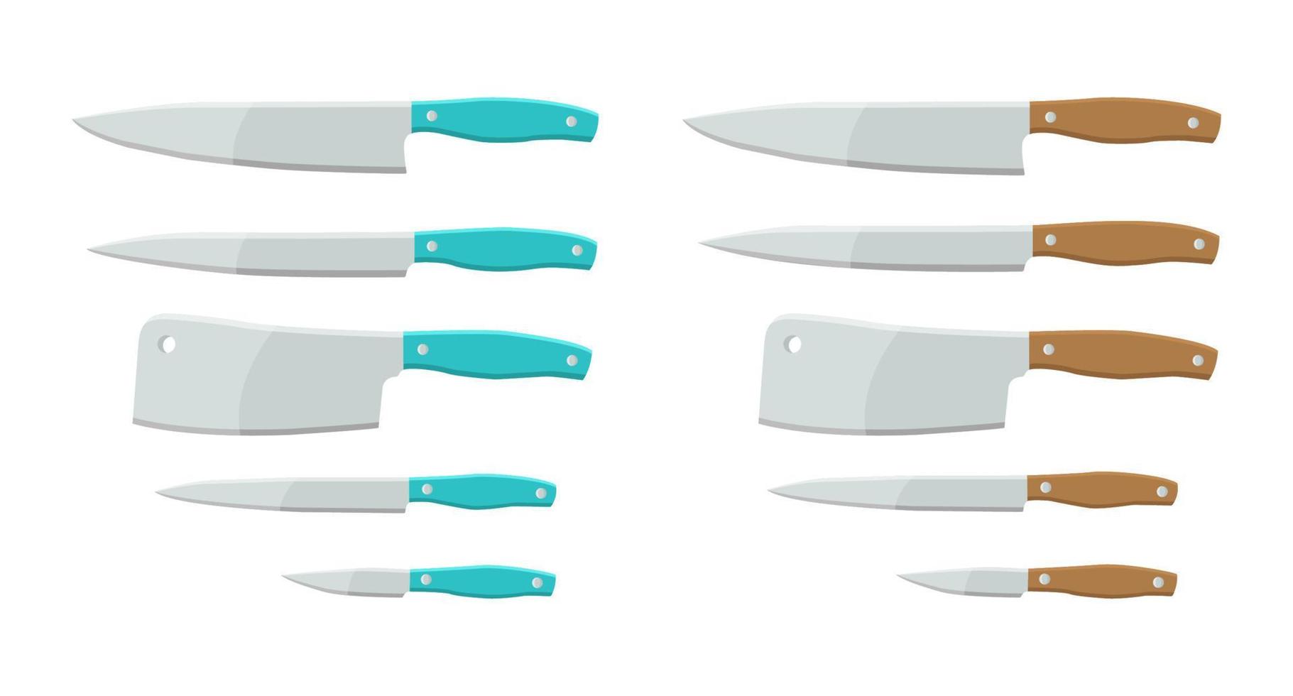 ilustração vetorial de utensílios de cozinha. faca de cozinha em estilo simples, utensílios para cozinhar. conjunto de diferentes tipos de facas isoladas no fundo branco. conjunto de facas. vetor