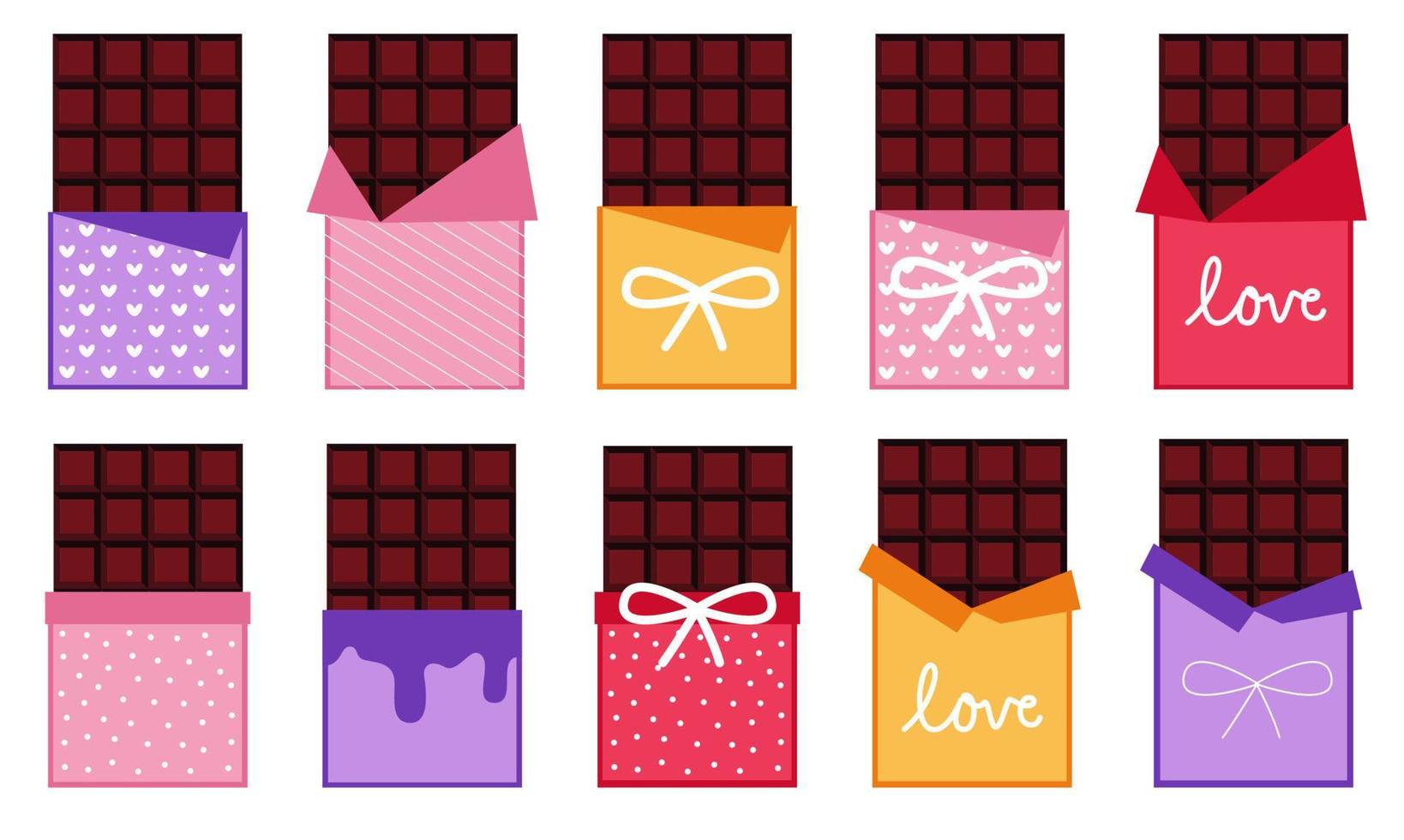 ilustração vetorial de barra de chocolate. conjunto de barras de chocolate em embalagens coloridas. vetor