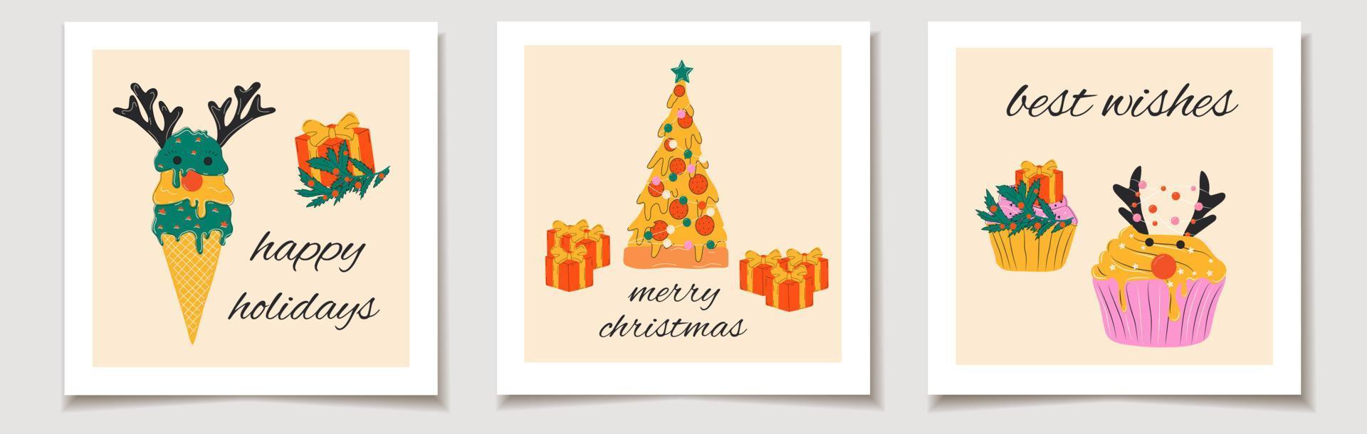 cartão de presente de vetor de natal ou etiqueta conjunto de natal pizza de comida fofa, sorvete, cupcakes decorados com decorações de natal. feliz natal letras, muitas felicidades.