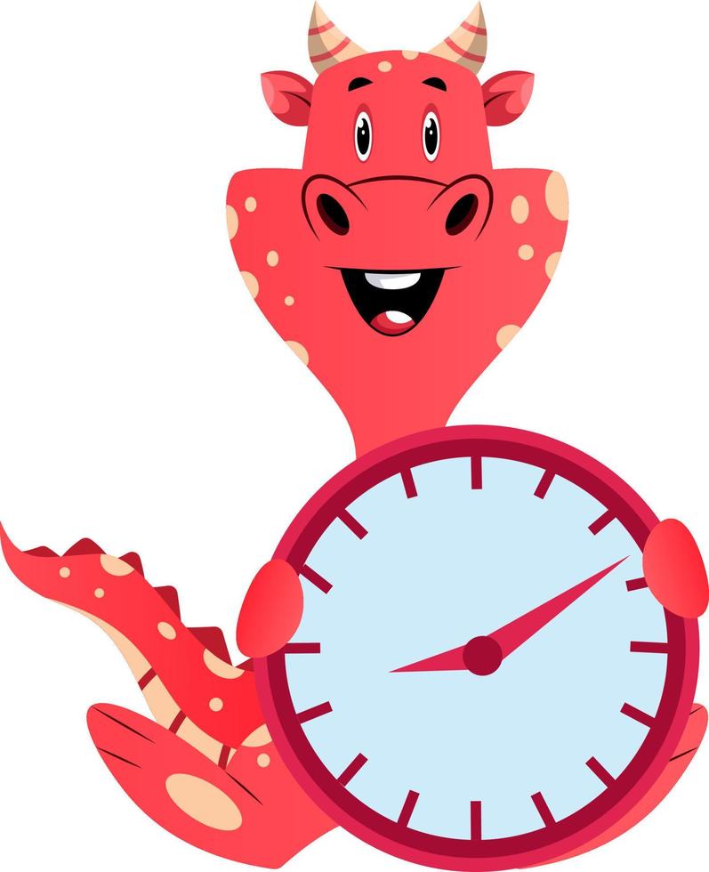 dragão vermelho está segurando um relógio, ilustração, vetor em fundo branco.