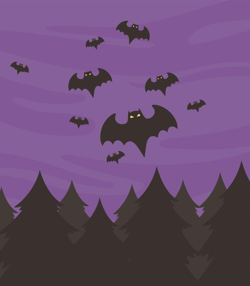 feliz dia das bruxas, morcegos voando no céu noturno sobre a floresta vetor