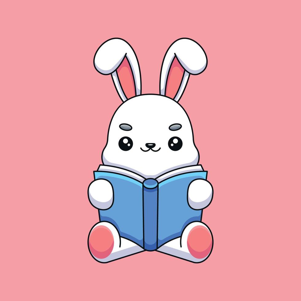 coelho fofo lendo livro mascote dos desenhos animados doodle arte conceito desenhado à mão vetor ilustração do ícone kawaii