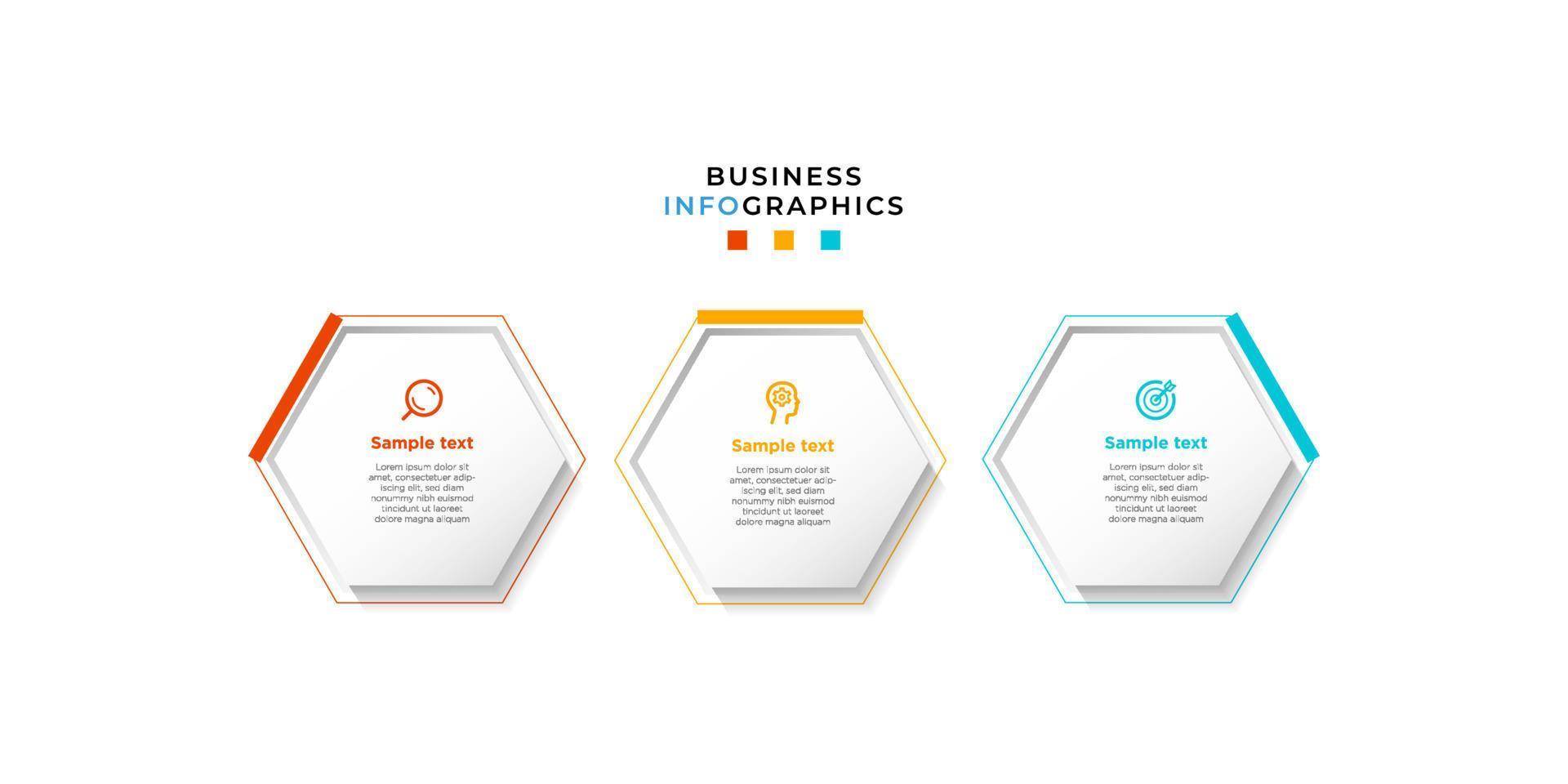 vetor de modelo de design de infográfico de negócios moderno com ícones e 3 opções ou etapas. pode ser usado para diagrama de processo, apresentações, layout de fluxo de trabalho, banner, fluxograma, info graph.eps10 vector