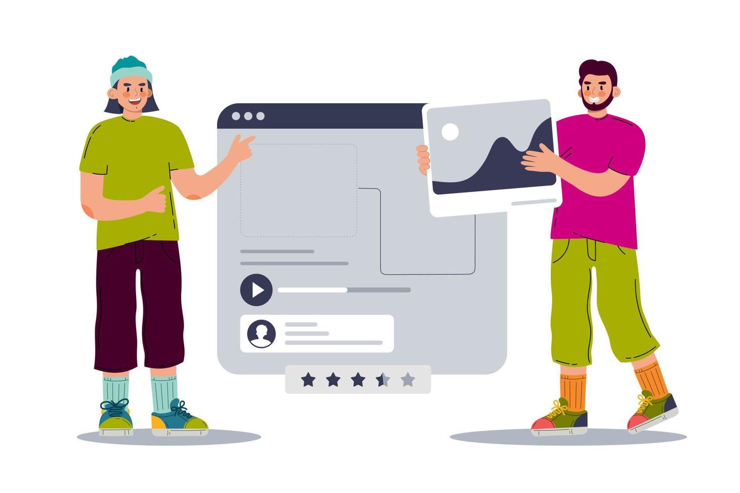 ui ux designer elementos de interface de arranjo do aplicativo e sites. dois homens estão trabalhando em um projeto. ilustração vetorial em um estilo simples vetor