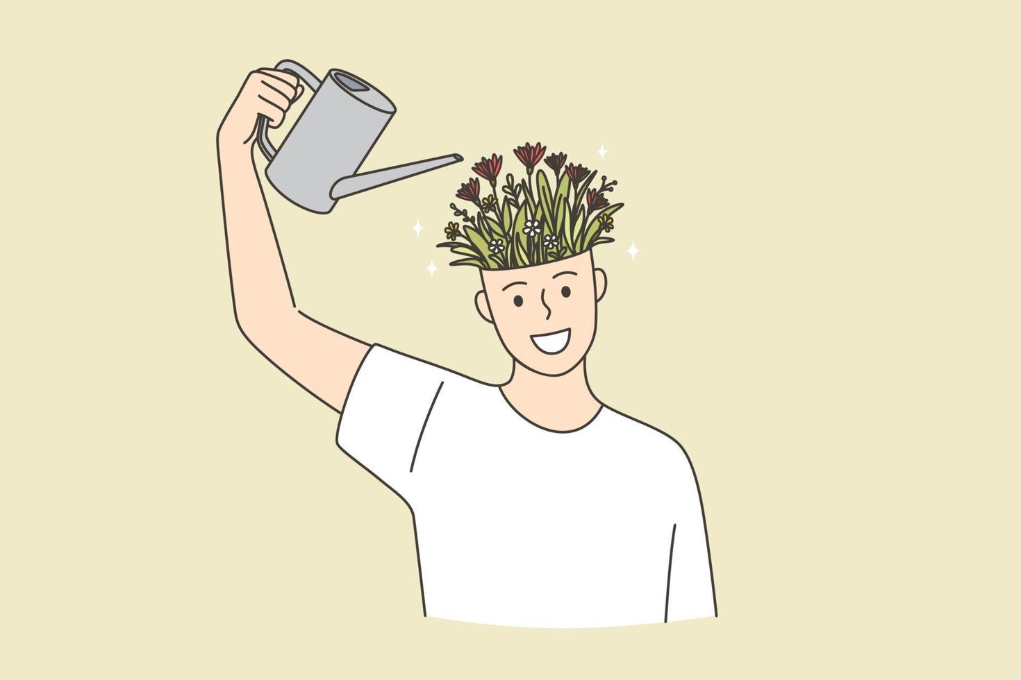 criatividade, desenvolvimento pessoal, conceito de crescimento individual. mão humana com sorriso e cheia de flores desabrochando em ilustração vetorial de pote vetor