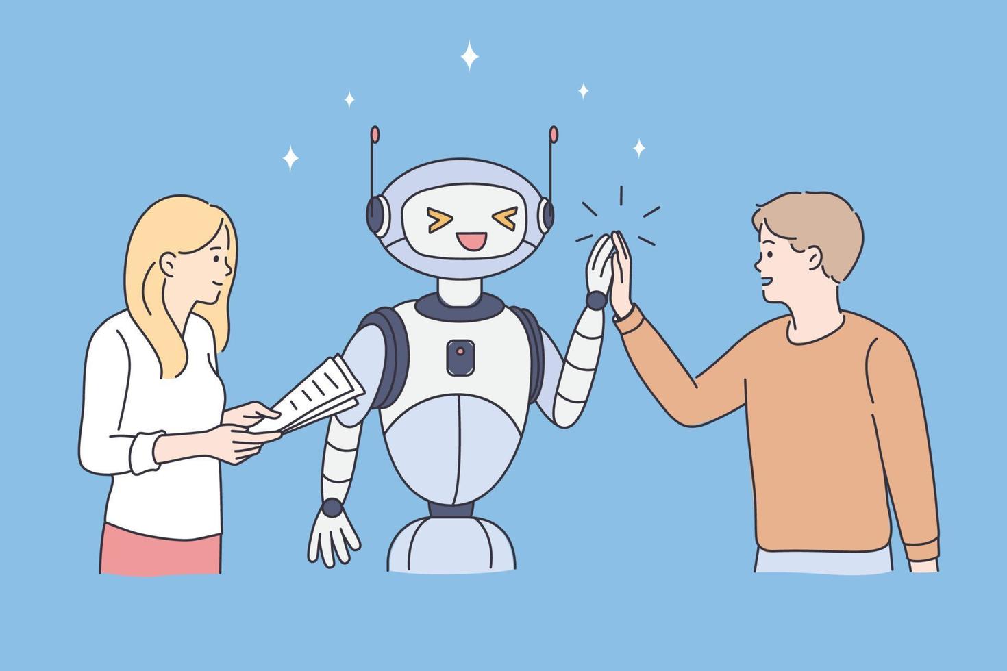 alta tecnologia e conceito de robô. jovem casal homem e mulher em pé cumprimentando acenando as mãos com robô sobre ilustração vetorial de fundo azul vetor