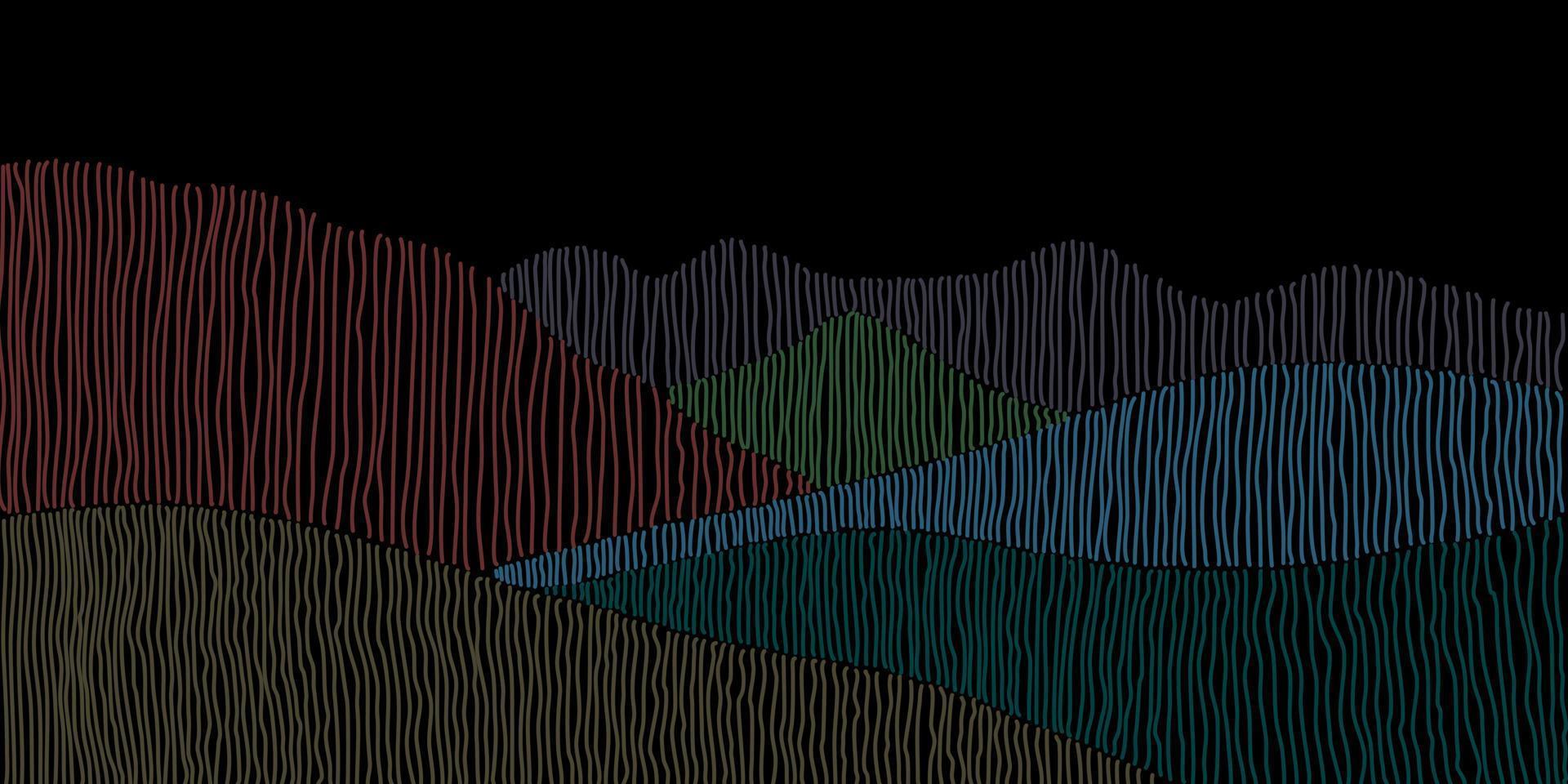 fundo preto abstrato design de linha japonesa papel de parede colorido paisagem de montanha vetor