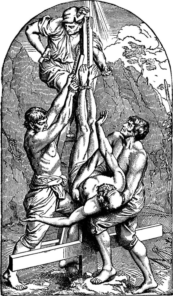 Pedro crucificado em uma ilustração vintage cruzada de cabeça para baixo. vetor