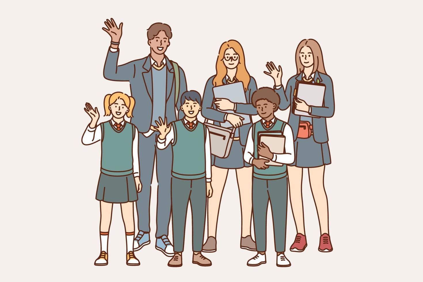 conceito de educação, aprendizagem e conhecimento. grupo de jovens estudantes sorridentes alunos em pé acenando as mãos segurando livros e tablets mostrando ilustração vetorial de excitação vetor
