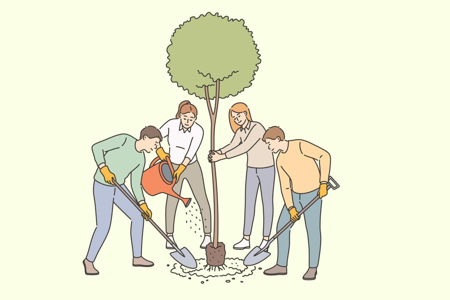 agricultura, cultivo de árvores e conceito de plantio. grupo de jovens agricultores sorridentes em pé plantando cumprimentam a árvore cuidando da ilustração vetorial da planta vetor