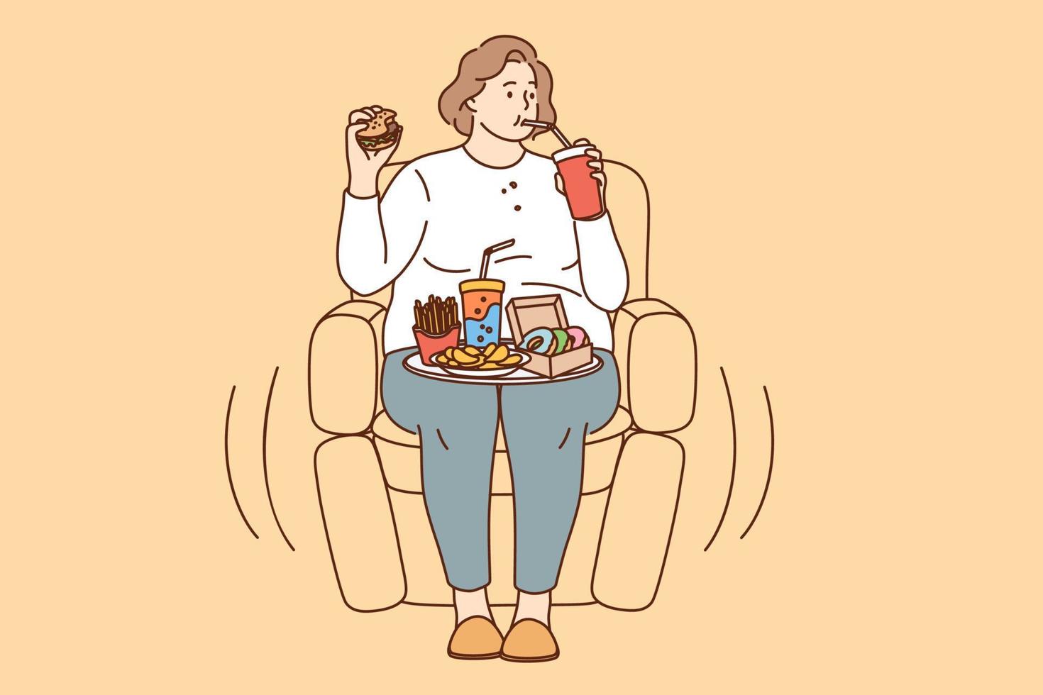 conceito de alimentação insalubre, gordura e excessos. jovem mulher gorda com excesso de peso sentada na poltrona e comendo rosquinhas de batatas fritas gordas bebendo ilustração vetorial de limonada vetor