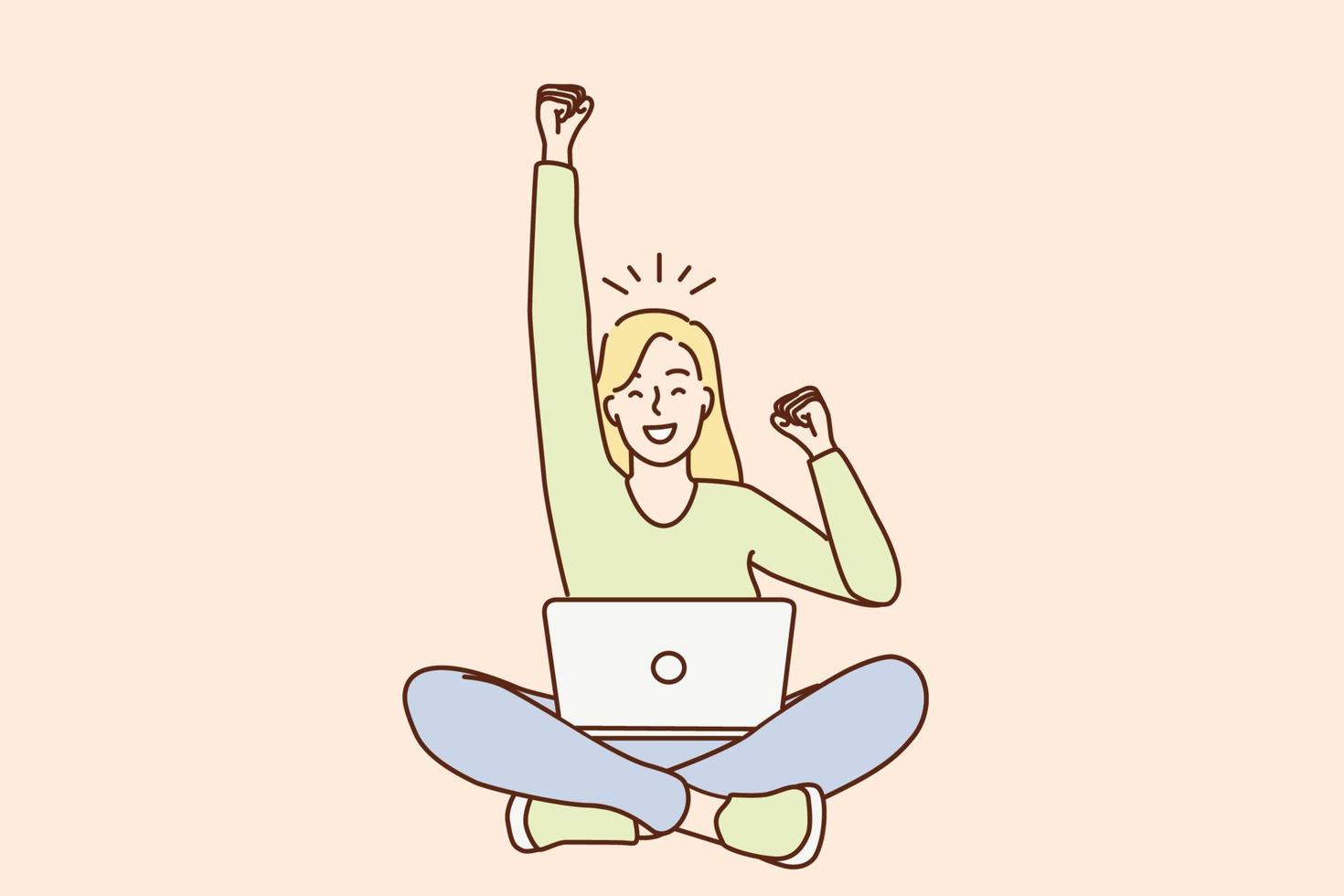 comemorando o sucesso no trabalho, conceito freelance. jovem sorridente personagem de desenho animado freelancer sentado com laptop de joelhos com a mão para cima gesticulando como ilustração vetorial vencedor vetor