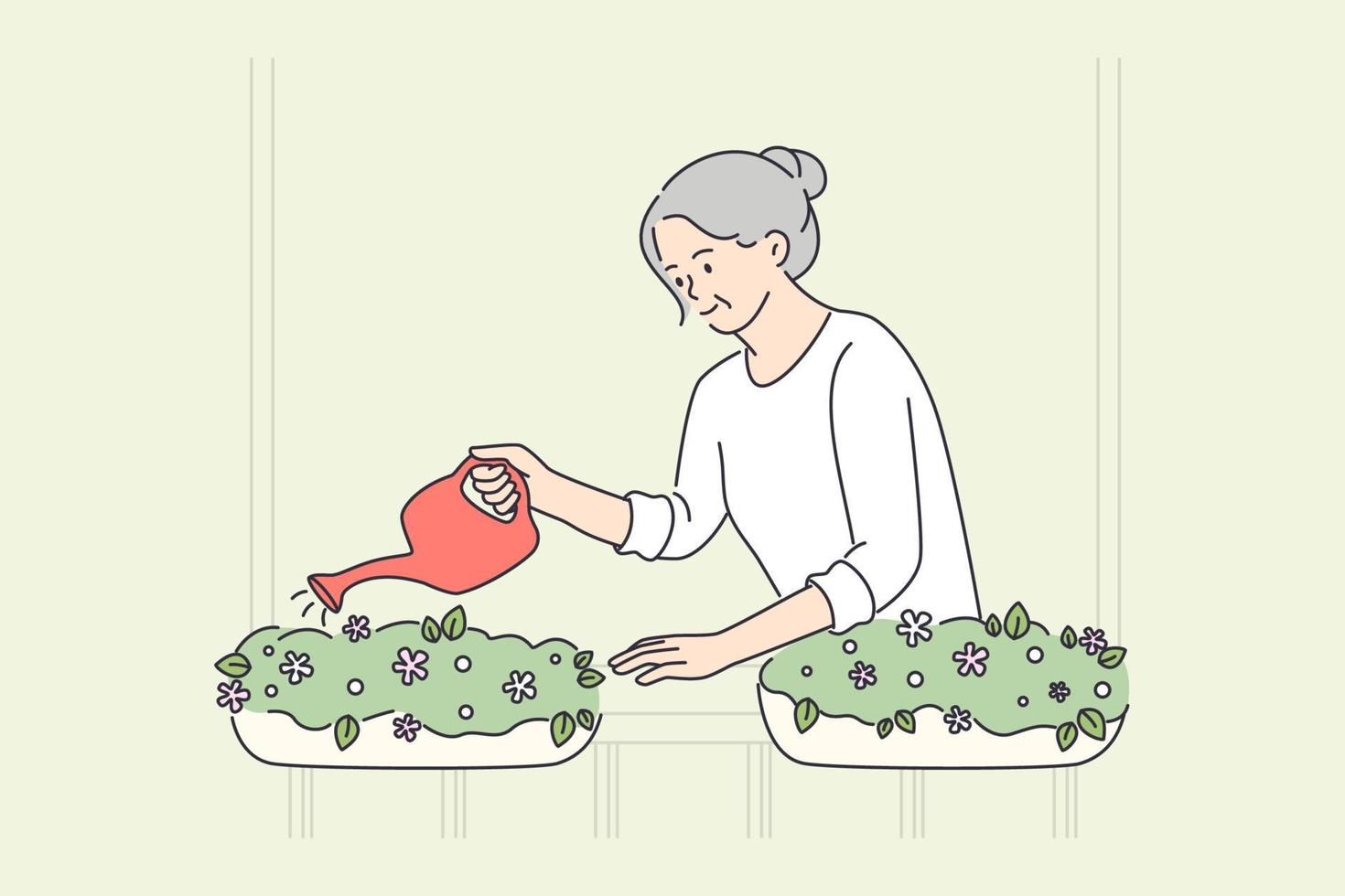 conceito de estilo de vida feliz de pessoas idosas. avó idosa madura sorridente, em pé, regando flores em vasos na ilustração vetorial de varanda vetor