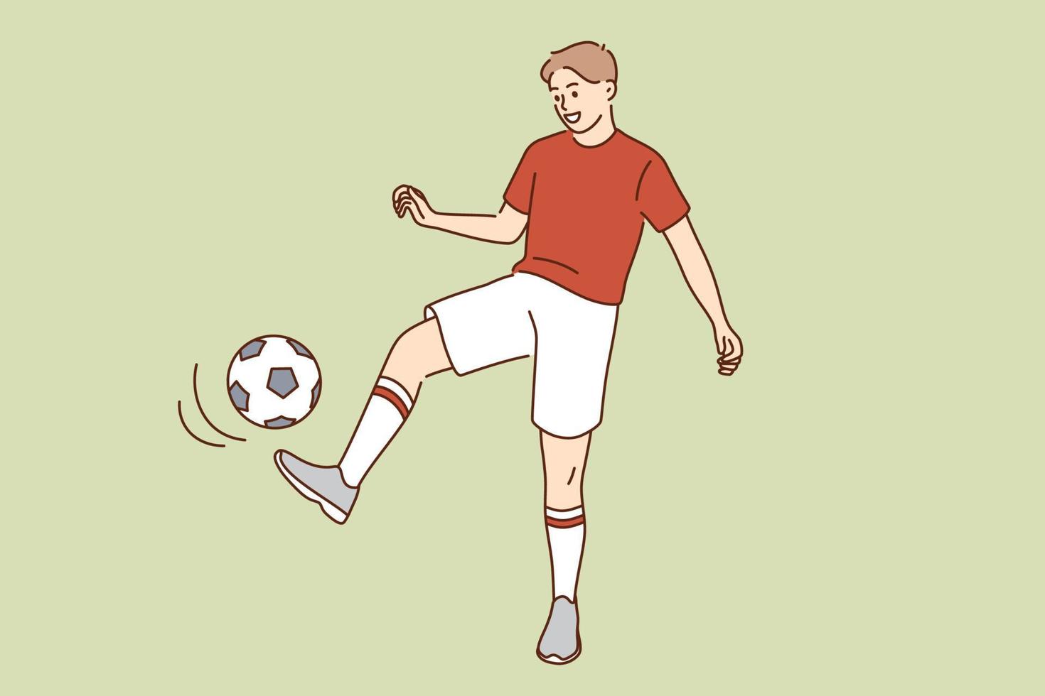 hobby esportivo e conceito de estilo de vida ativo. jovem sorridente menino personagem de desenho animado chutando bola jogando futebol na ilustração vetorial de roupas esportivas vetor