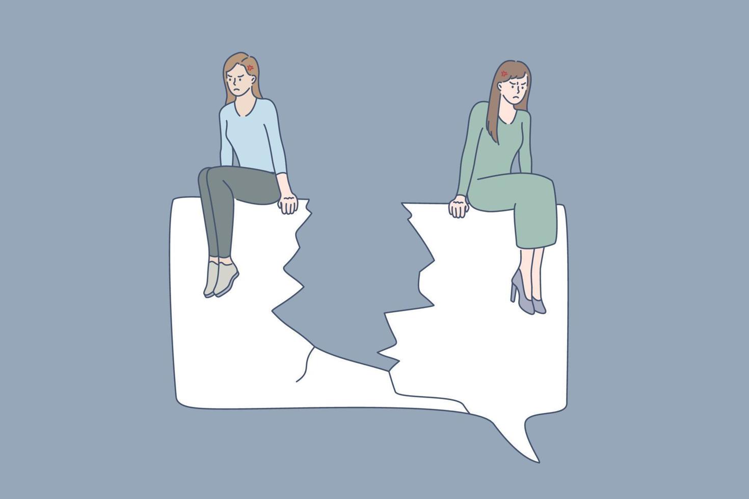 briga, problemas no conceito de comunicação. duas amigas sentadas em diferentes bordas de papel rasgado se sentindo tristes por mal-entendidos e brigando uma com a outra ilustração do vetor