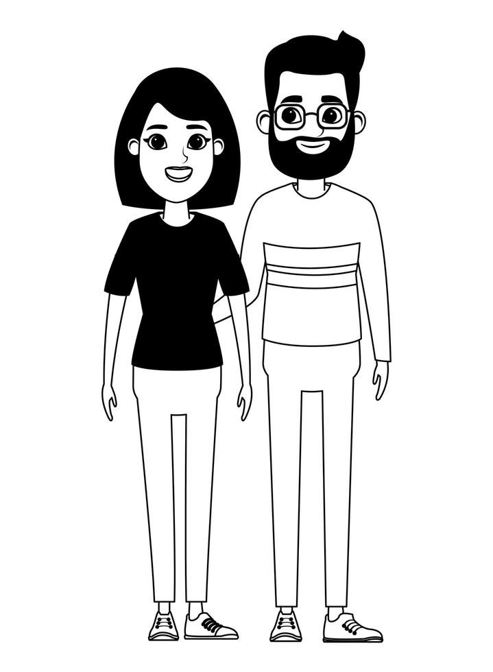 casal retrato de personagem de desenho animado em preto e branco vetor