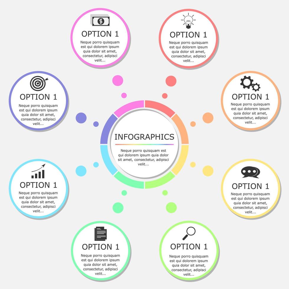 ilustração em vetor de modelo de infográfico de negócios de apresentação com 8 opções coloridas.