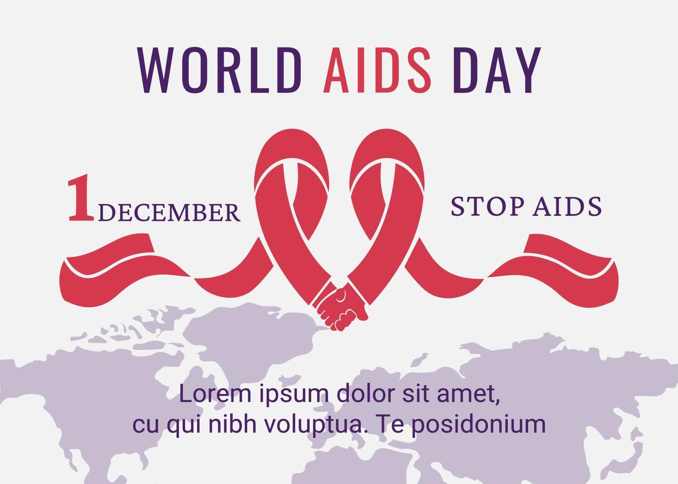 bandeira do dia mundial da aids. fita vermelha como símbolo do controle da aids. suporte para pessoas infectadas pelo hiv. mapa-múndi com letras. ilustração vetorial vetor