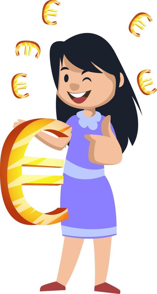 menina com sinal de euro, ilustração, vetor em fundo branco.