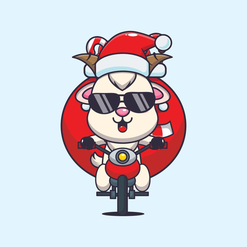 bode bonitinho carregando presente de natal com moto. ilustração de desenho animado de natal bonito. vetor