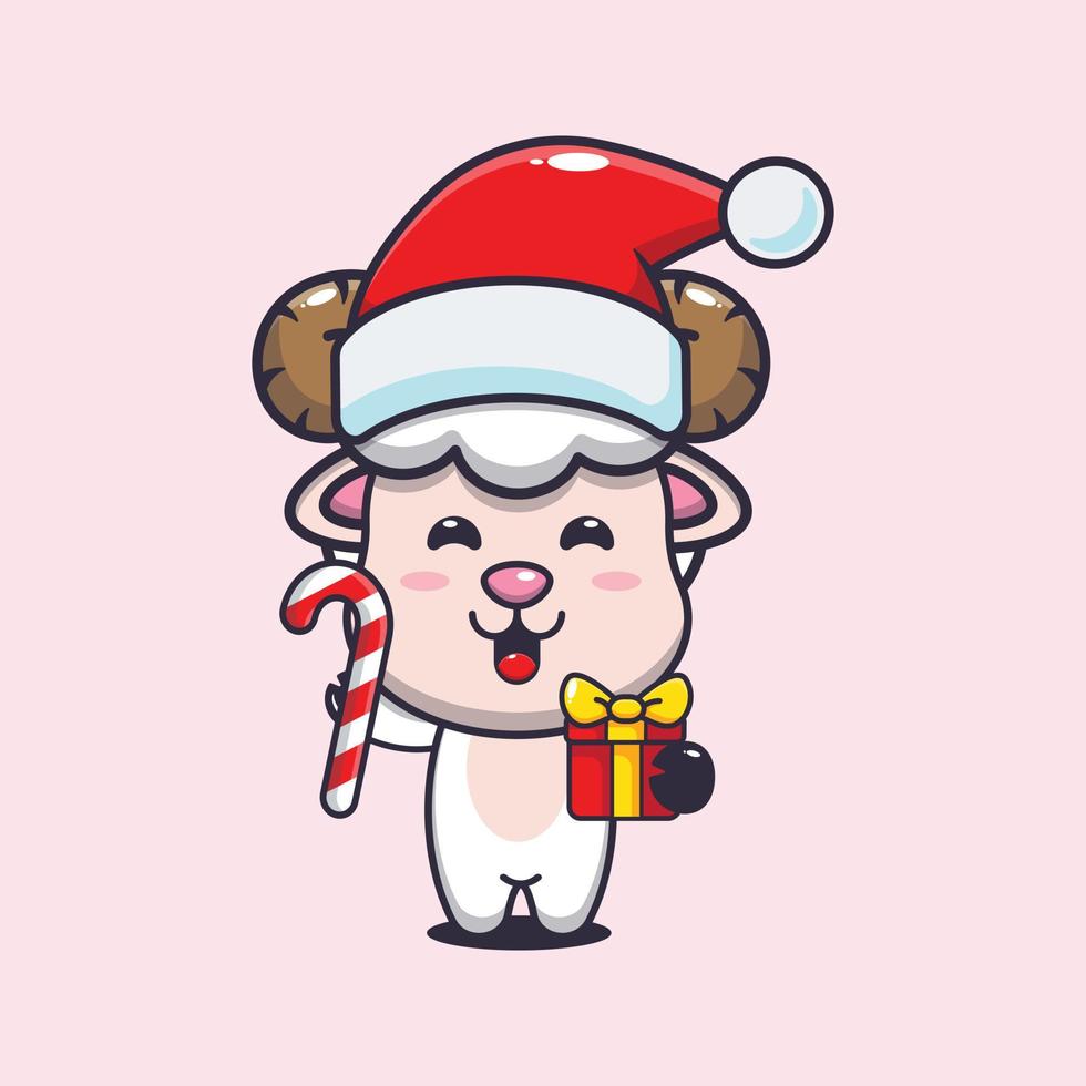 ovelhas bonitas segurando doces de natal e presente. ilustração de desenho animado de natal bonito. vetor
