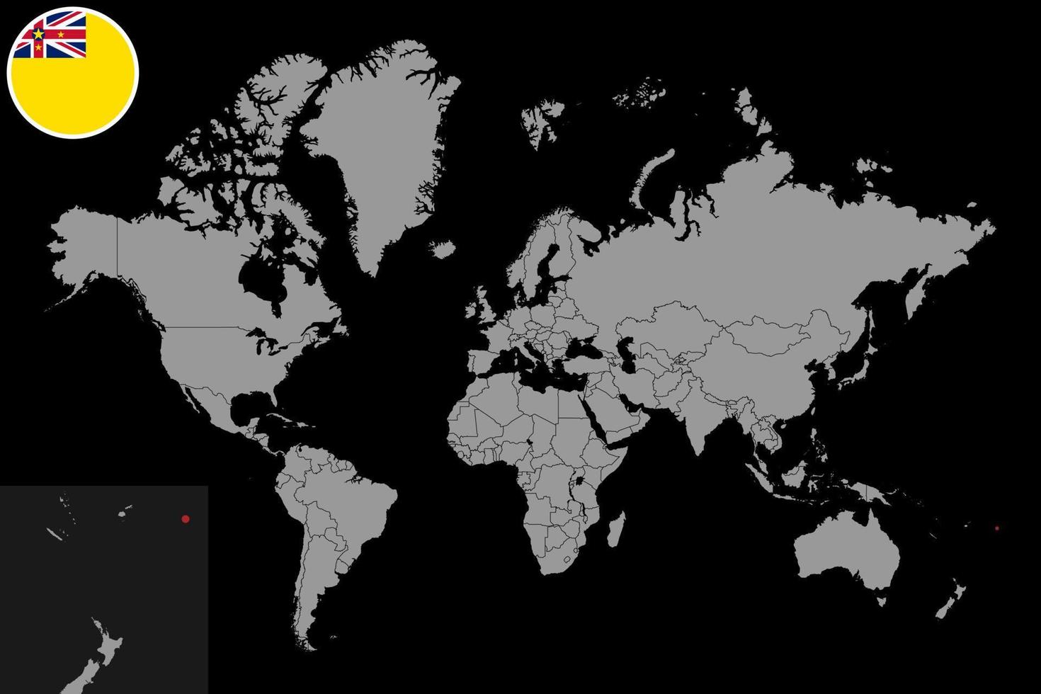 mapa de pinos com bandeira niue no mapa do mundo. ilustração vetorial. vetor