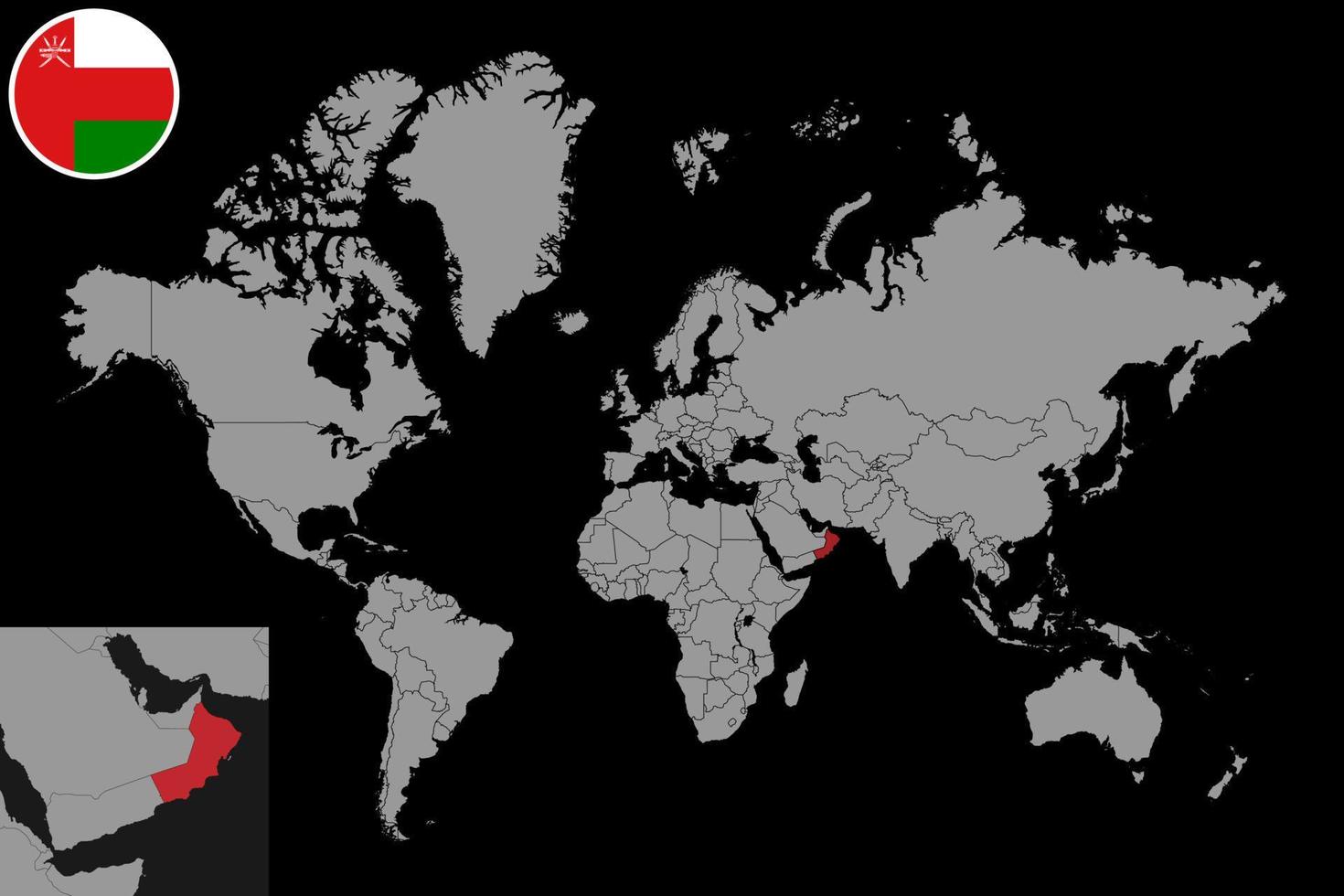 pin mapa com bandeira de omã no mapa do mundo. ilustração vetorial. vetor