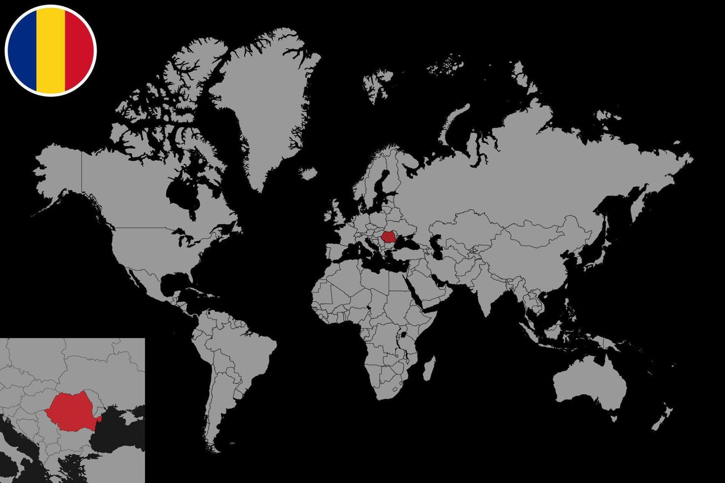 pin mapa com bandeira da Romênia no mapa do mundo. ilustração vetorial. vetor