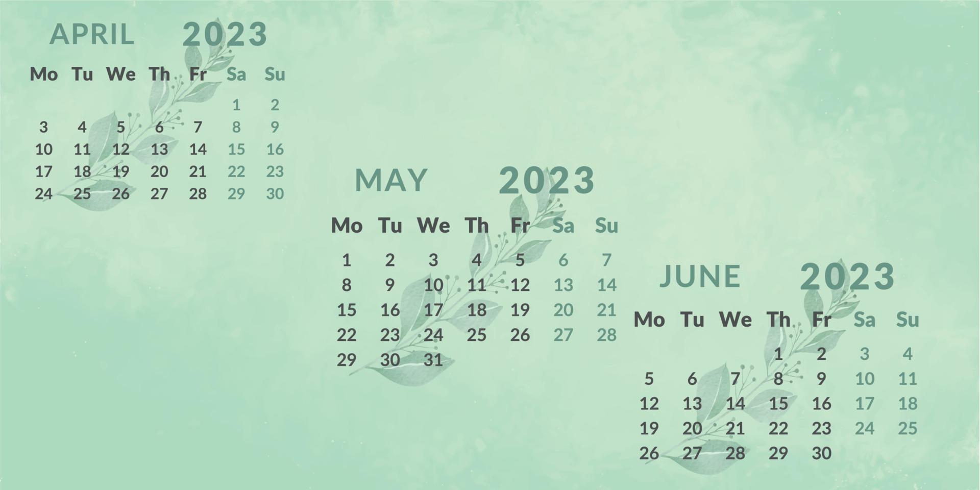 calendário 2023 por trimestres. meses abril maio junho. vetor