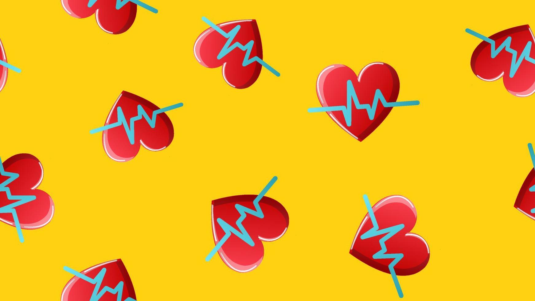 interminável padrão sem costura de objetos médicos científicos médicos de corações com um eletrocardiograma e pulso em um fundo amarelo. ilustração vetorial vetor