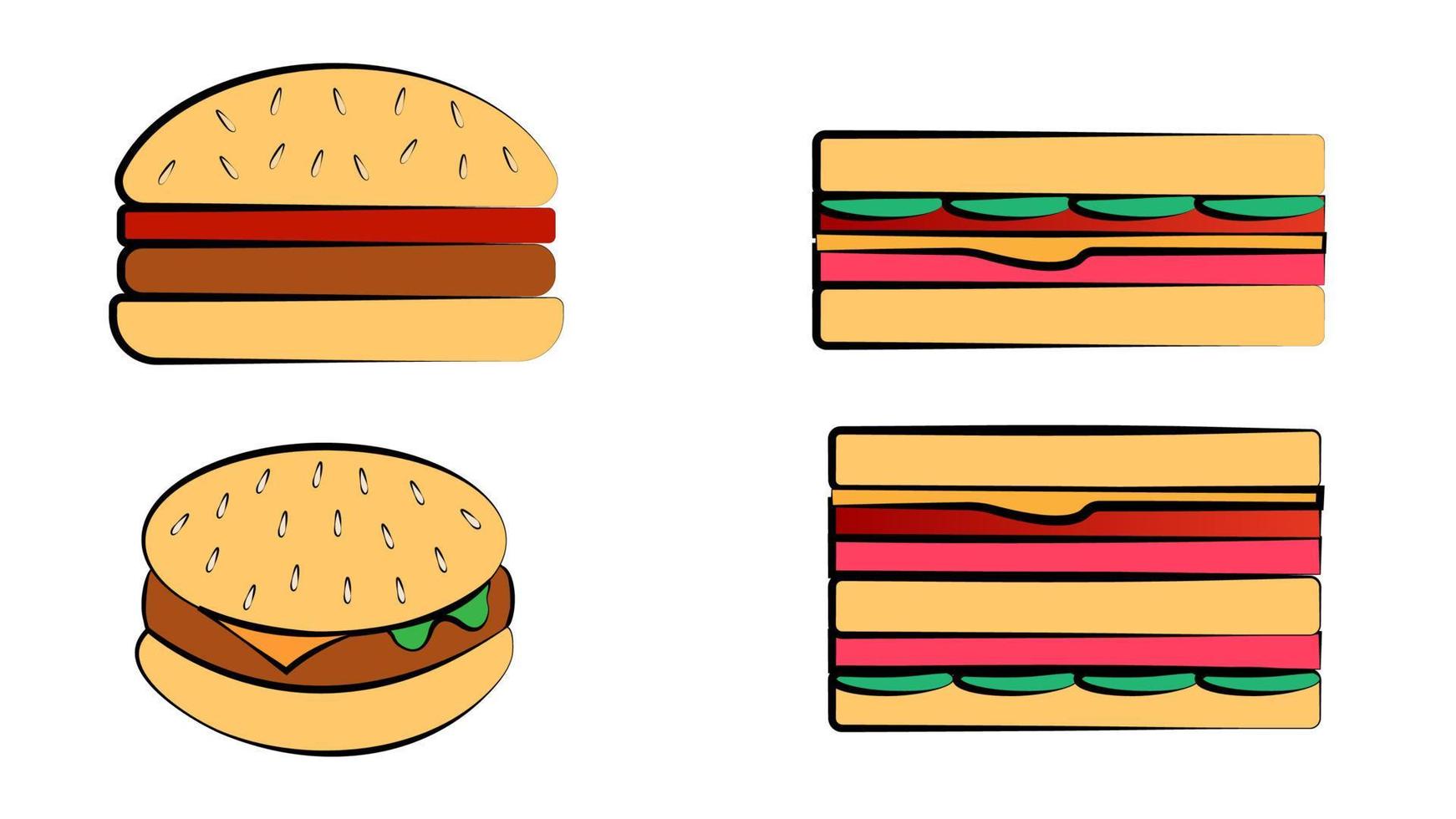 conjunto de vetores desenhados à mão de diferentes tipos de hambúrgueres, sanduíches e cachorros-quentes isolados em backgriond branco