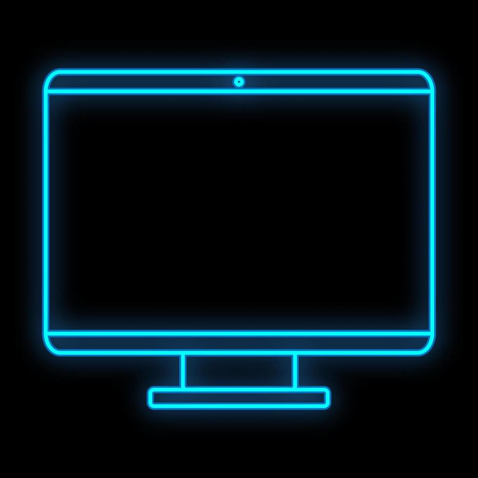 sinal de néon digital azul luminoso brilhante para loja ou centro de serviço de oficina lindo brilhante com um moderno monitor de computador lcd de tela plana em um fundo preto. ilustração vetorial vetor