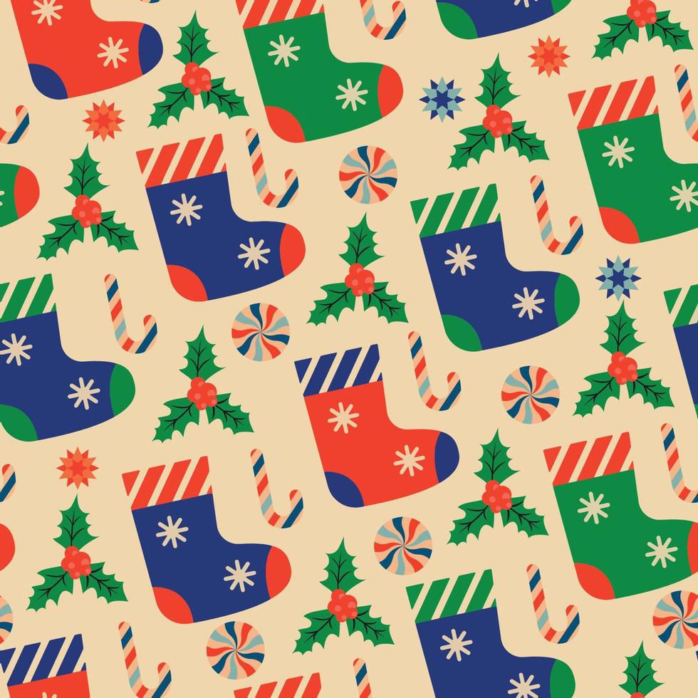 padrão de natal retrô com chapéus de roupas de inverno, botas, luvas e decorações de férias vetor