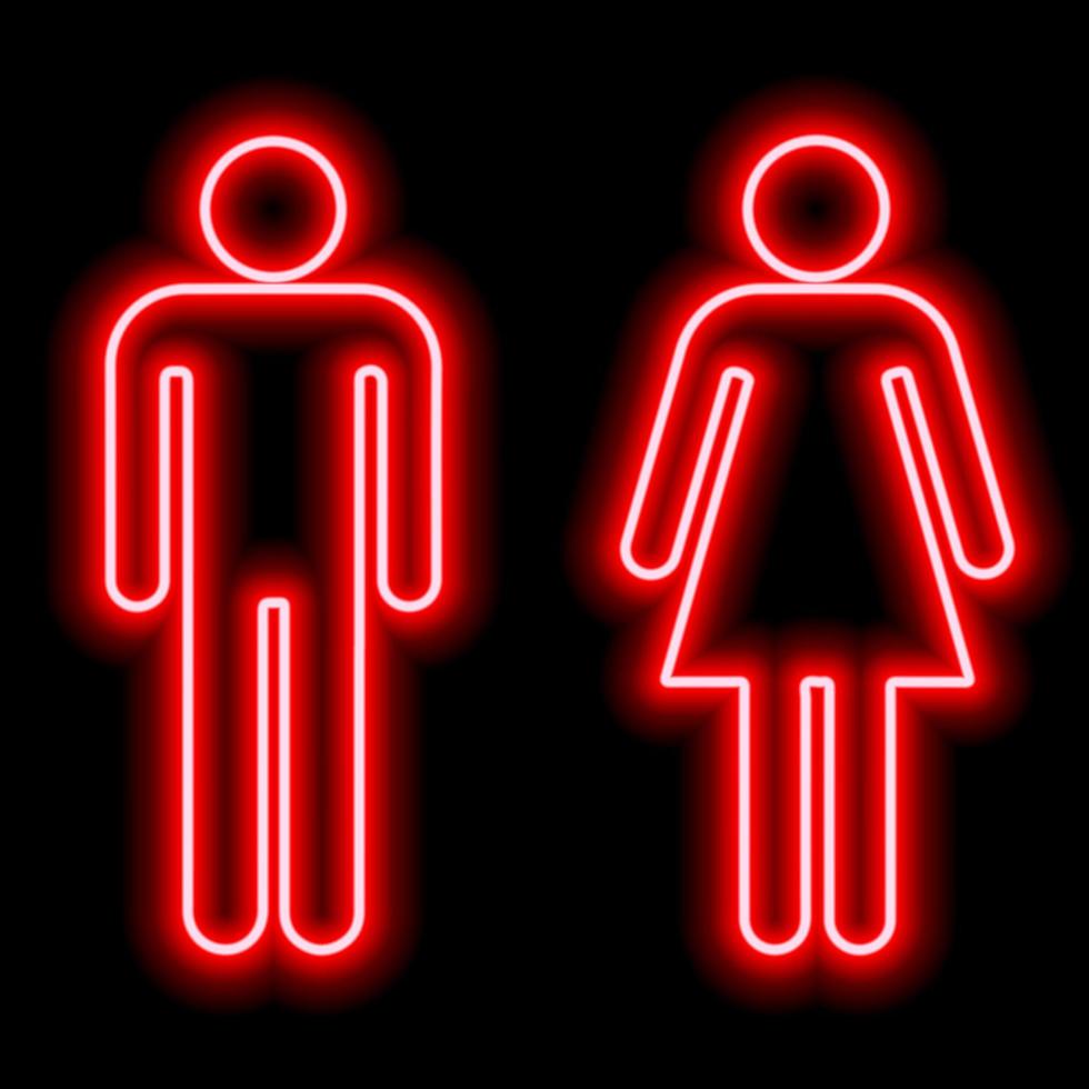 símbolo vermelho neon do banheiro feminino masculino wc em fundo preto. ilustração do ícone vetor