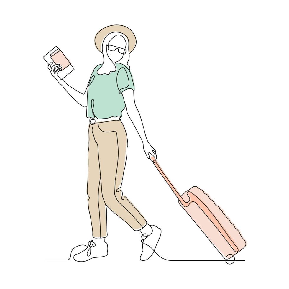 arte de linha contínua ou um desenho de linha de uma mulher de viagem com uma mala, desenhando à mão. ilustração vetorial. vetor