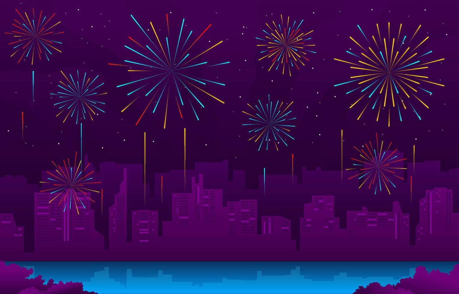 fundo de cidade de pixel art com fogos de artifício de ano novo