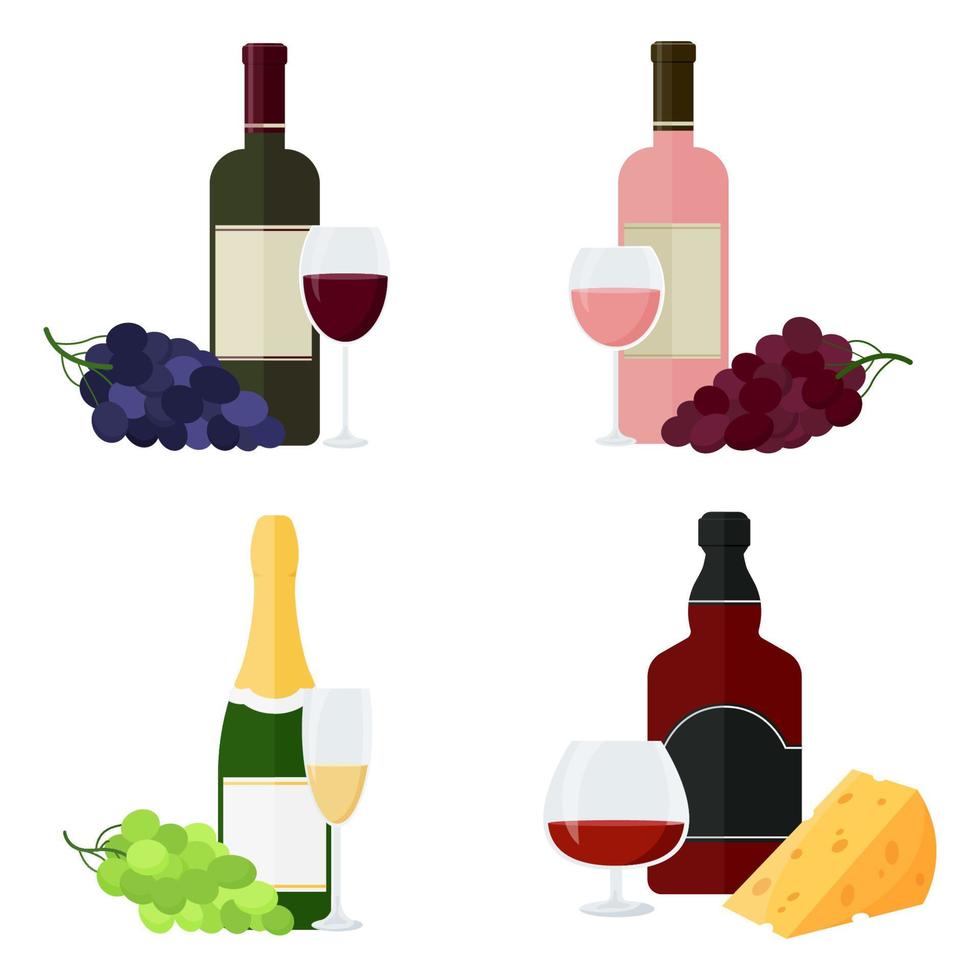 conjunto de vinho garrafas de vinho, champanhe, conhaque, uísque, conhaque, copos, uvas e queijo. vetor