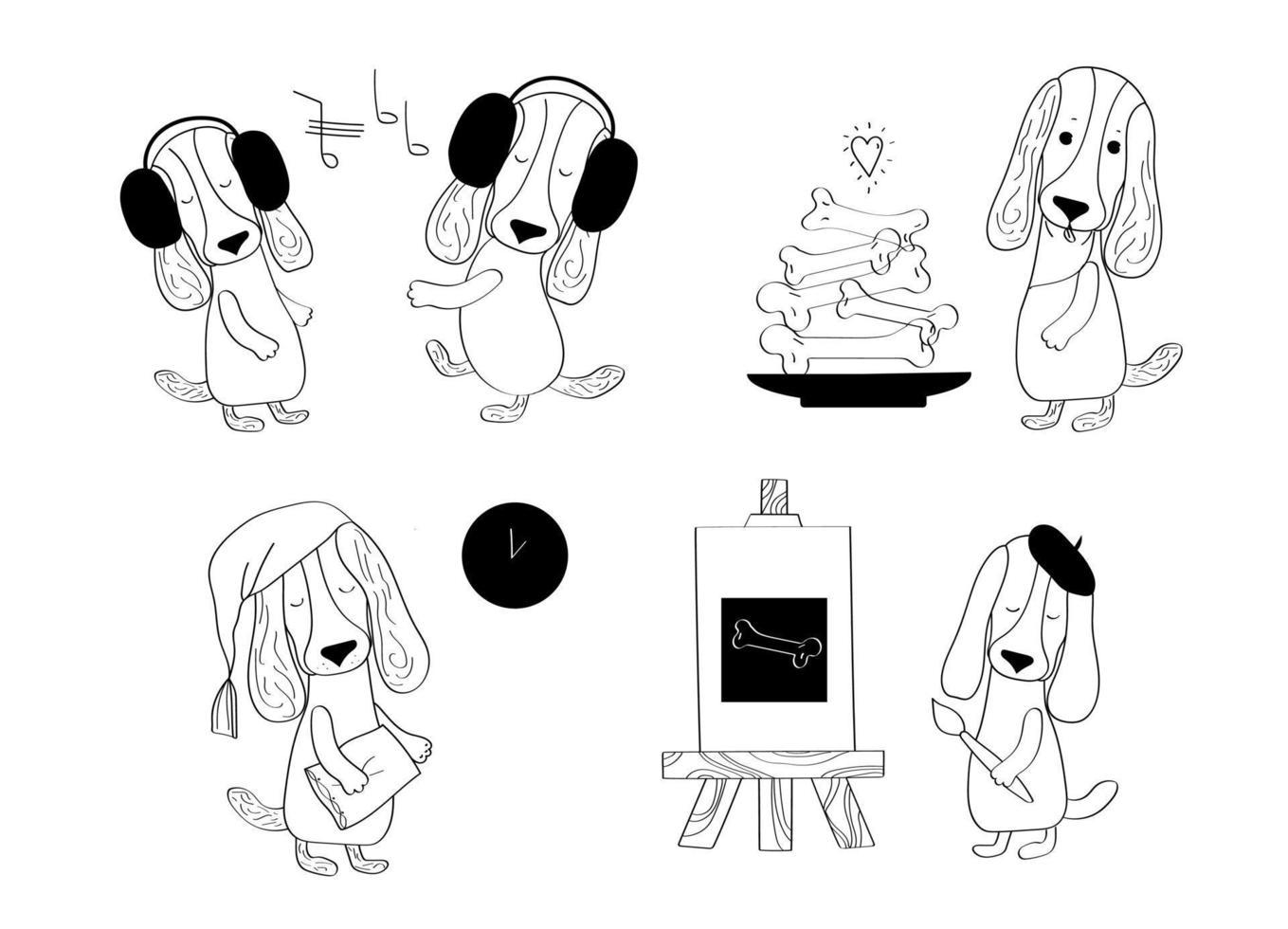 doodle desenhado à mão definir dachshunds bonitos em fundo branco, cachorro feliz, ilustração vetorial plana para estampas, roupas, embalagens e cartões postais. vetor