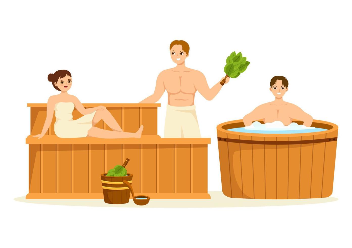 sauna e sala de vapor com as pessoas relaxam, lavando seus corpos, vapor ou aproveitando o tempo na ilustração de modelos desenhados à mão de desenhos animados planos vetor