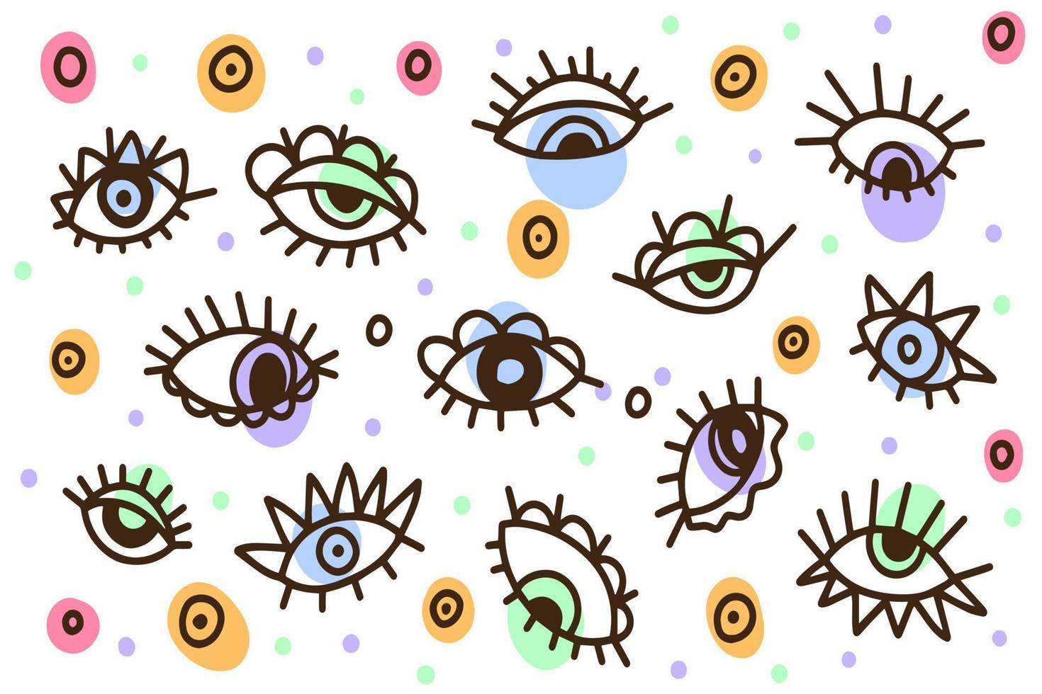 fundo de olhos doodle, conjunto desenhado à mão de rabiscos bonitos para decoração em um fundo branco vetor